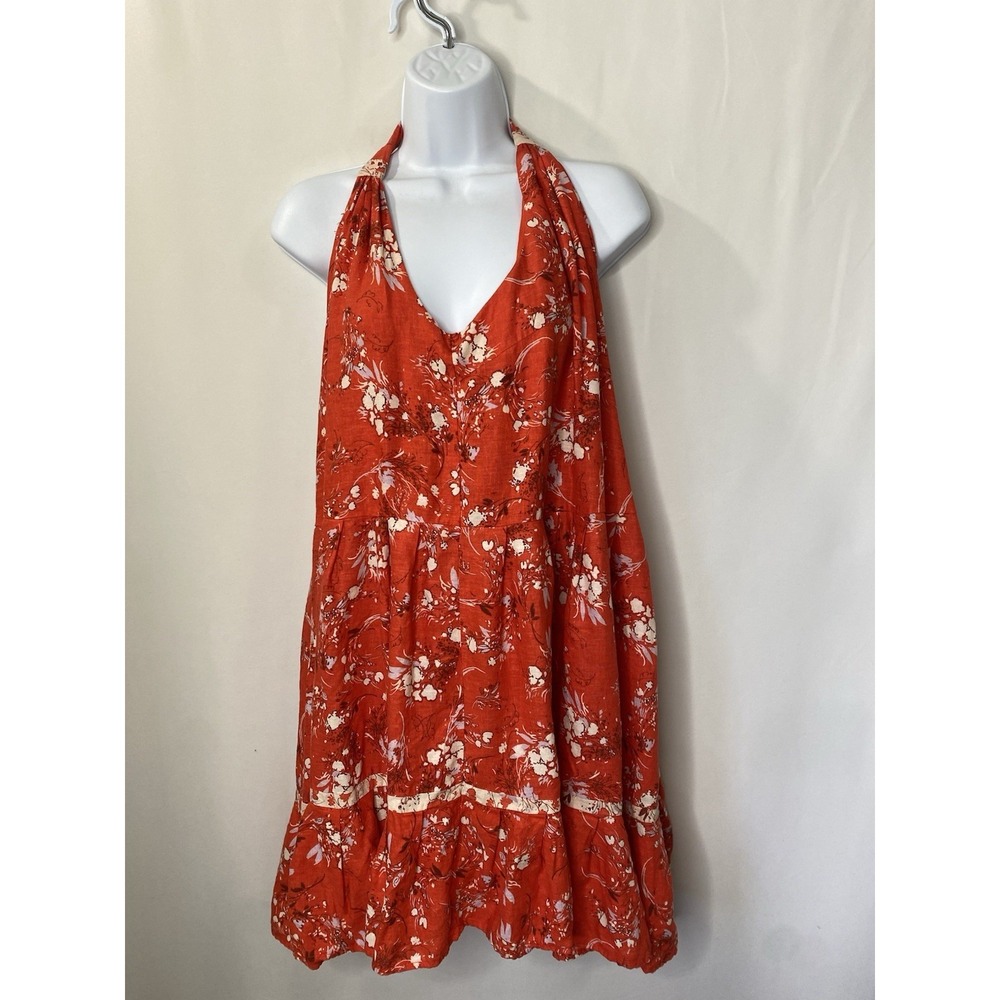Free People Womens All Mine Red Linen Blend Floral Mini Dress Size Large‎ Boho